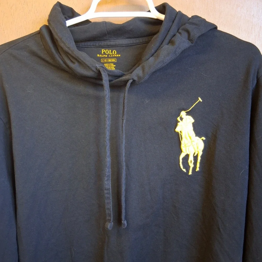 Polo Ralph Lauren Navy Big Pony LS‎ Hooded Tshirt Sleeve Hit Large EUC